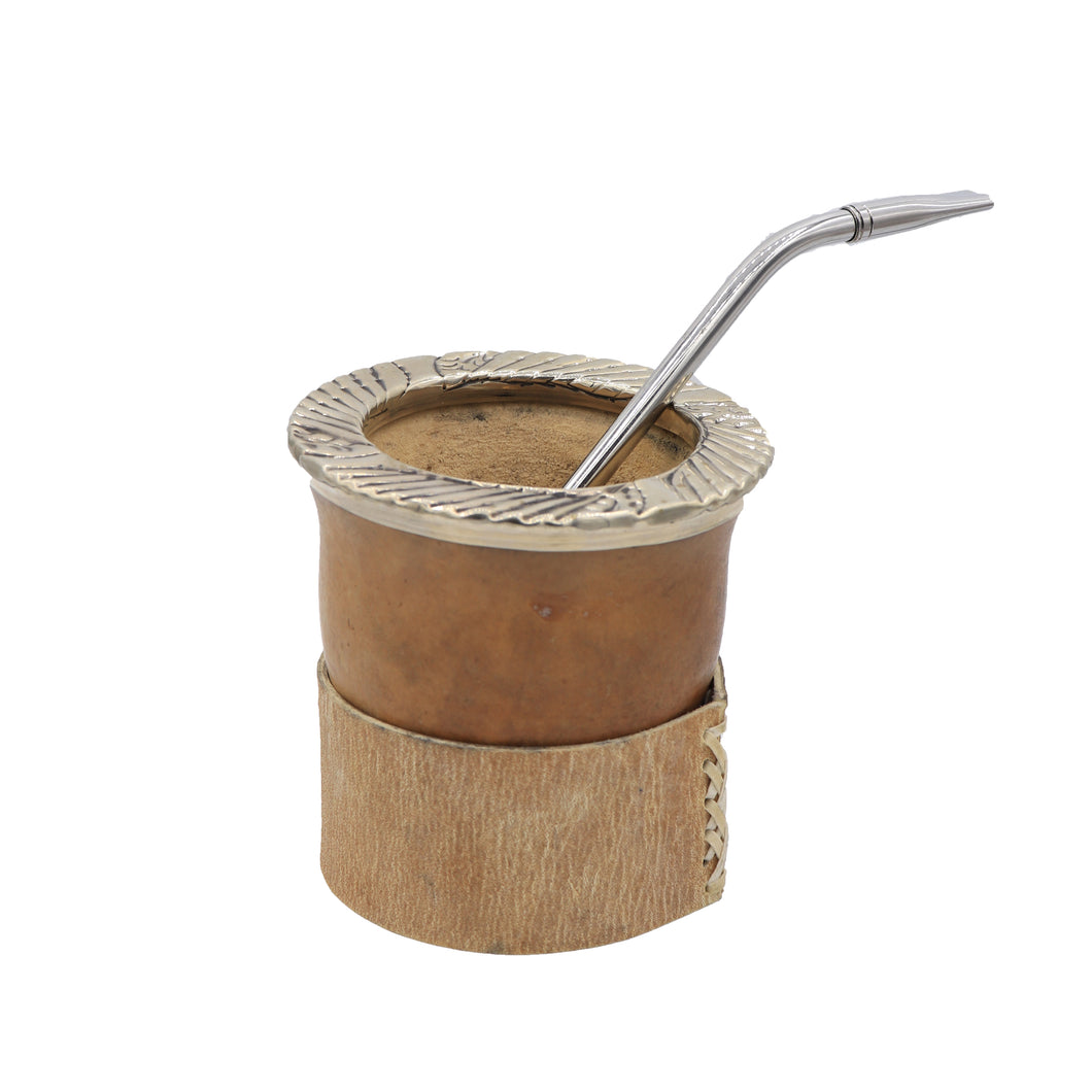 Gourde avec support cuir, Virole Ciselée Alpaga + bombilla Inox